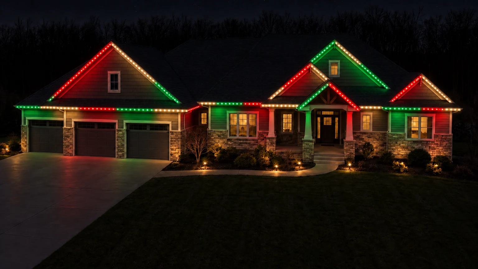 A home at night with permanent lighting along the roofline