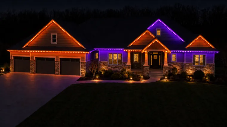A home at night with its roofline lit orange and purple