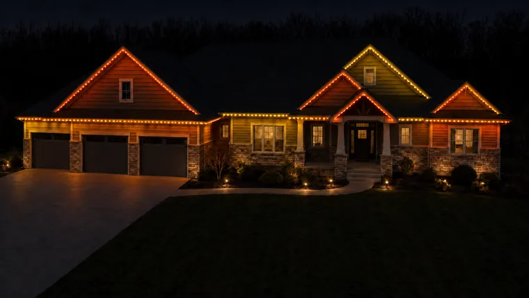 A home at night with permanent roofline lighting set to harvest