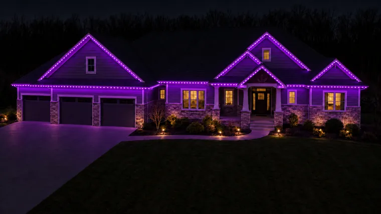 A home at night with permanent roofline lighting set to purple