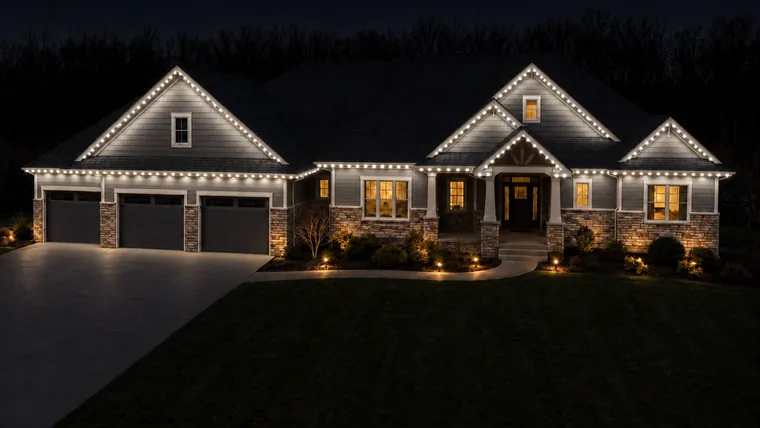 A home with every roofline bulb at full bright white, lighting the whole frontage