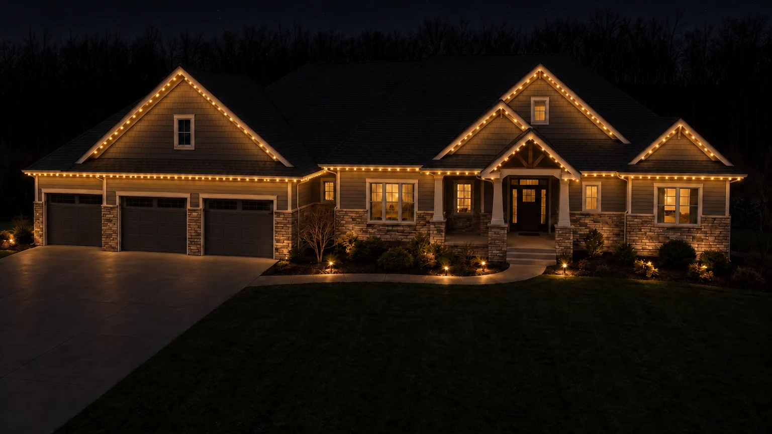 A home at night with lighting along the roofline