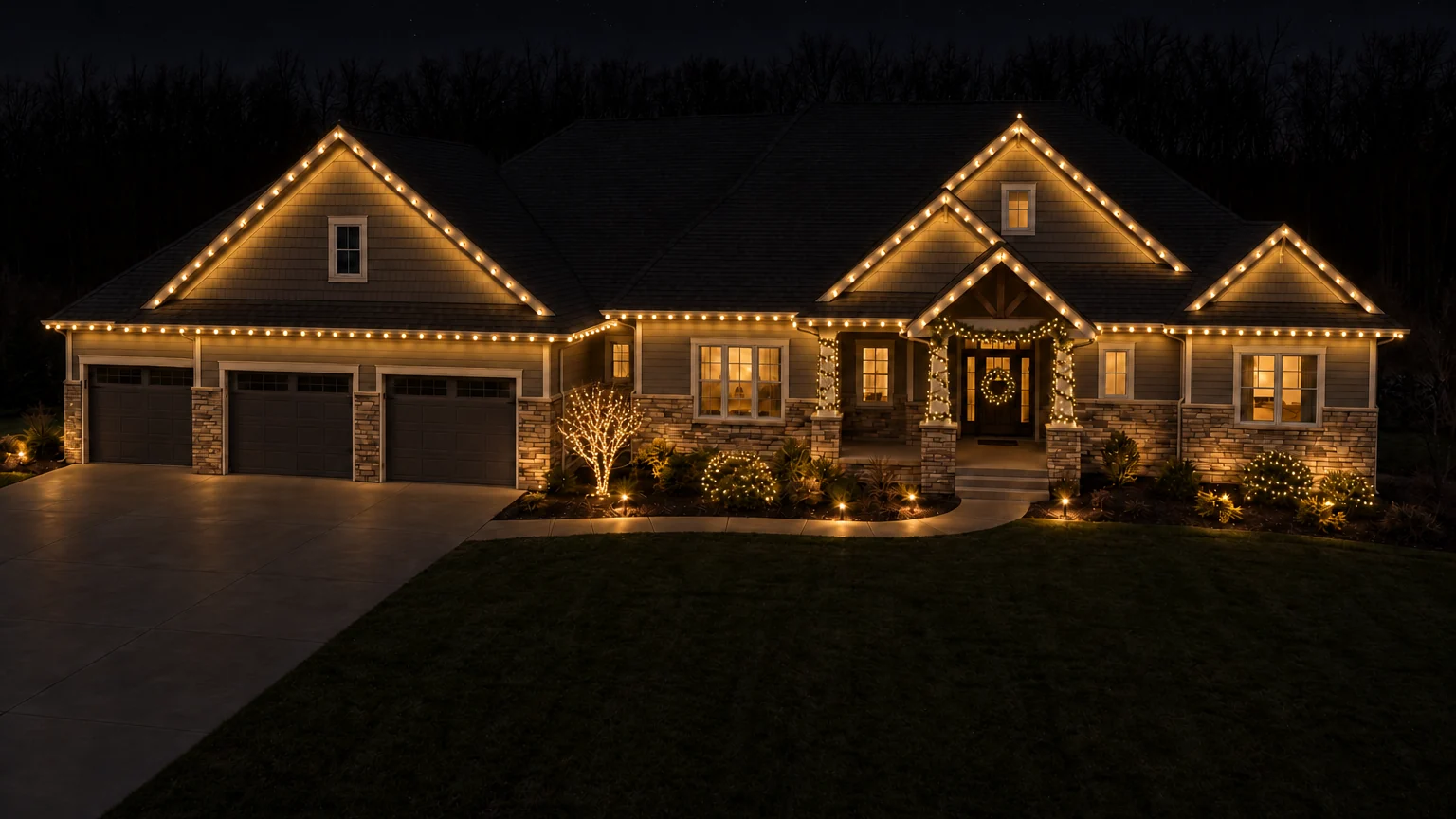 A home at night with warm white holiday lighting along every roofline, garland on the porch and a wreath on the door