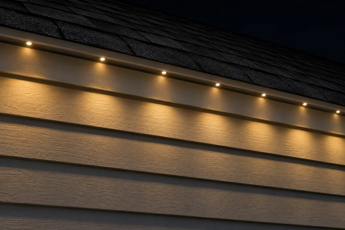 The same roof edge at night, each small LED lit warm white inside the channel, washing light down the lap siding while the fascia stays dark