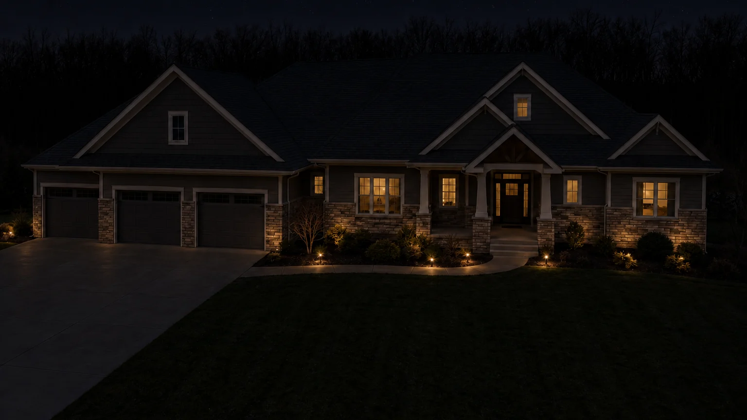 The same home at night with no lighting on it at all, the frontage reading as a dark shape