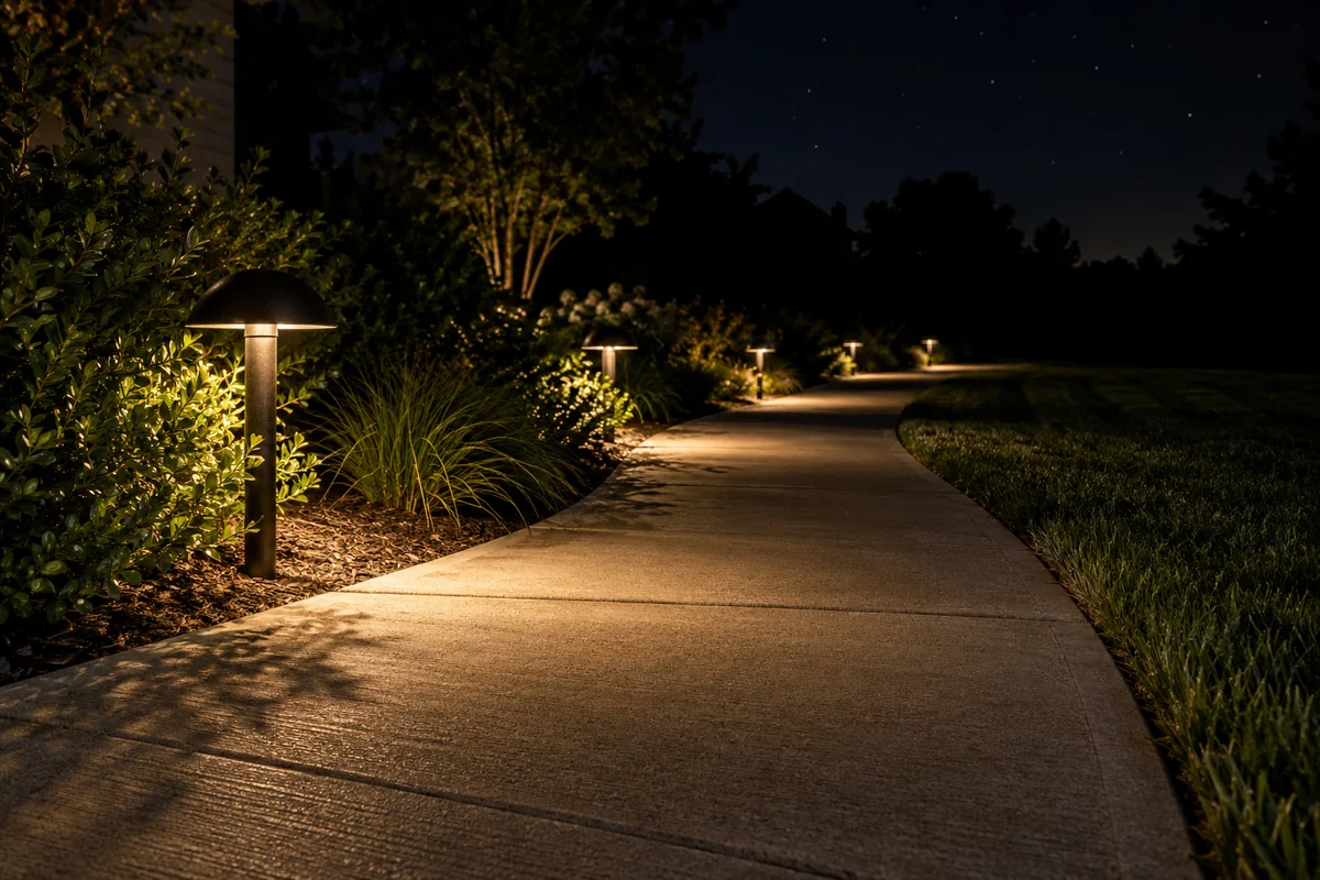 A concrete walk at night lit by path lights throwing overlapping pools onto it