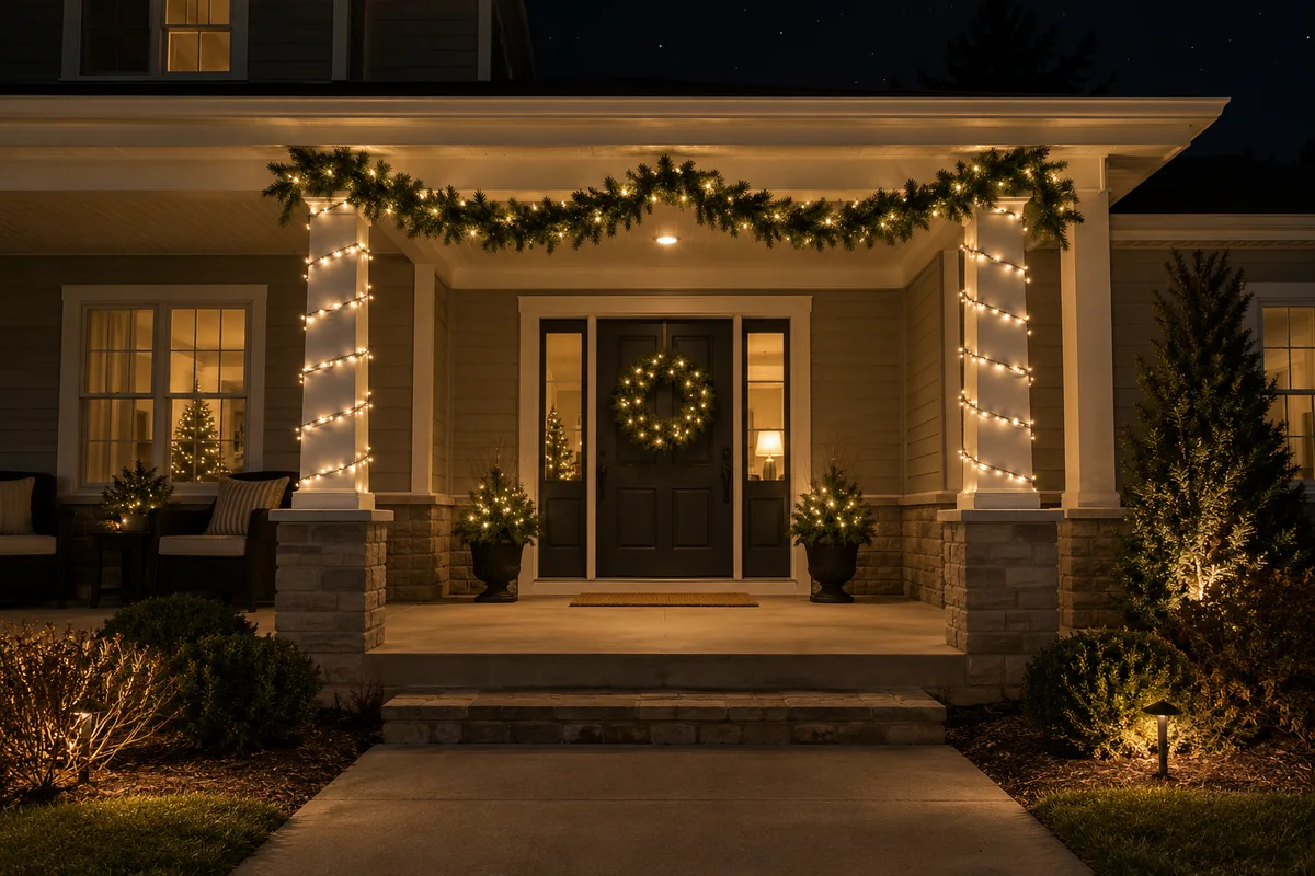 A covered front porch at night dressed for Christmas: a lit evergreen garland swagged along the beam, both columns wrapped in warm white lights and a lit wreath on the door